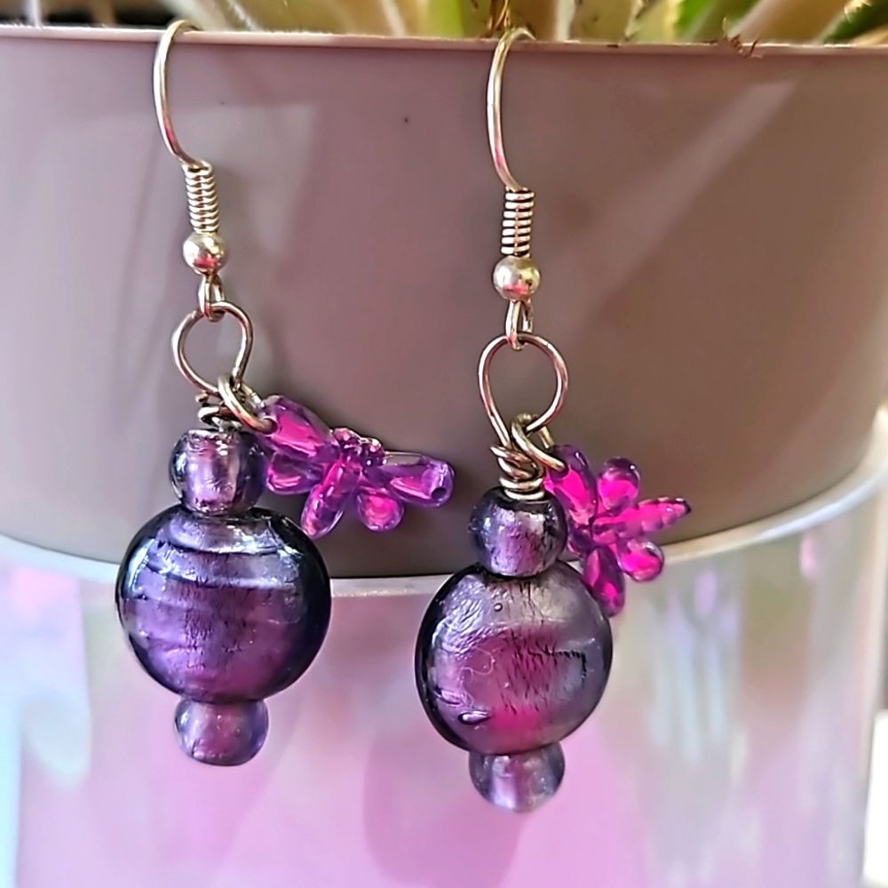 Purple Glass‎ Earring with Butterfly  Pierced Earrings